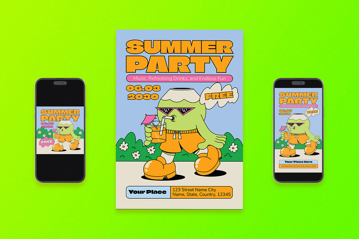 Retro Summer Party Flyer Set, a Flyer Template by Aiyari Graphic (Photo 1 of 3)