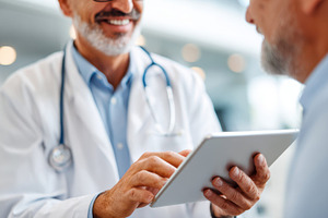 Doctor consulting patient with tablet in modern healthcare, a Health & Medical Photo by AlyaAnd
