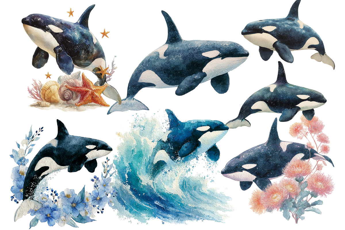 Watercolor Orca Clipart, an Illustration by Designworld (Photo 4 of 6)