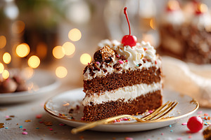 Delicious festive slice of chocolate sponge cake with whipped cream and cherry, a Food & Drink Photo by AlyaAnd
