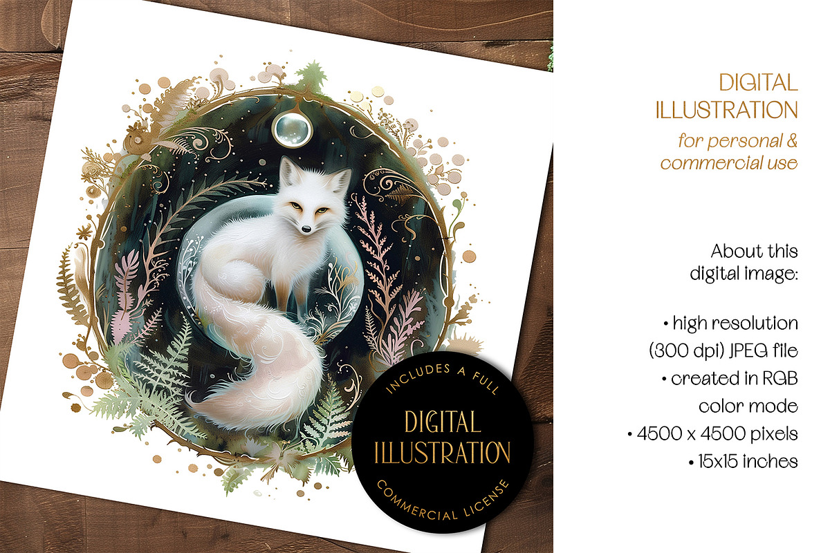 White Fox, Fern & Crystal Ball Image, an Animal Illustration by The Dutch Lady Designs (Photo 2 of 4)