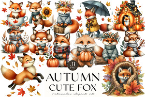 Watercolor Autumn Fox Clipart, an Illustration by OK Design