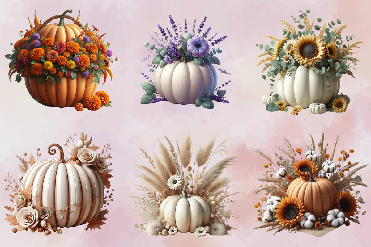 Watercolor Autumn Flower Pumpkin Des, an Illustration by SVGArt (Photo 2 of 8)