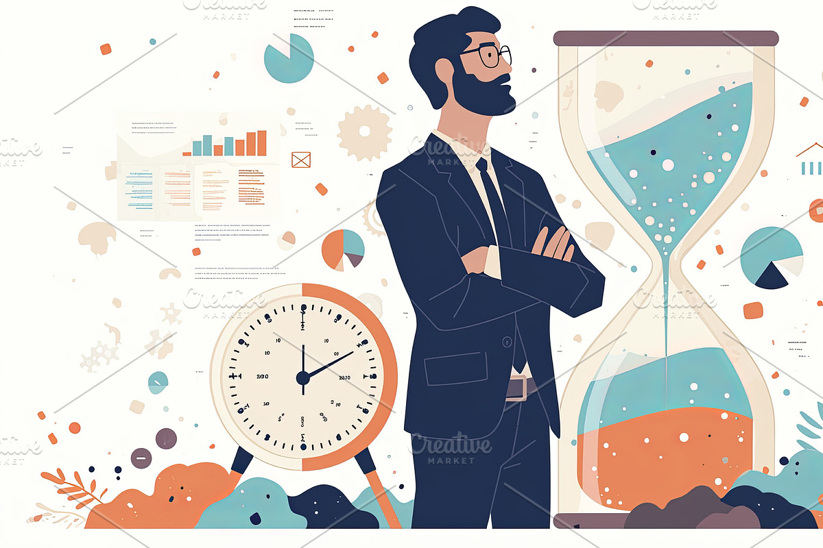 Businessman surrounded by charts, clock and hourglass imagery, an Illustration by AS photostudio