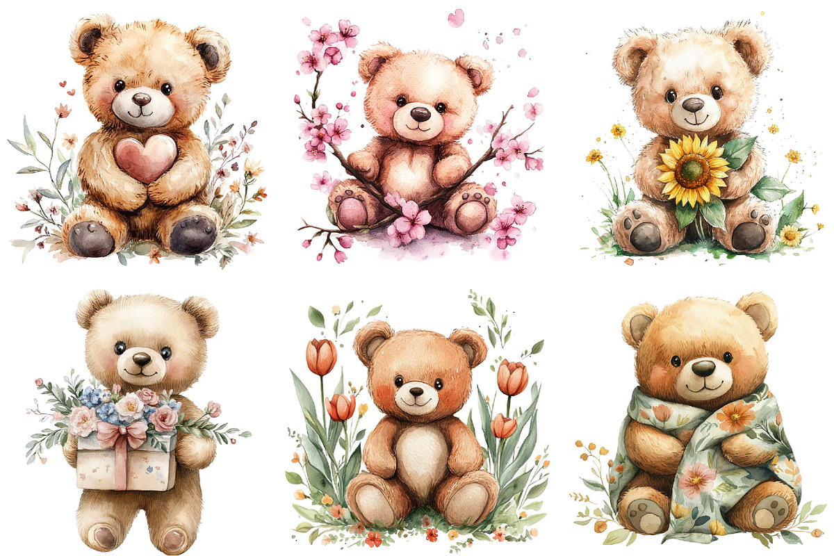 Watercolor Spring Teddy Bear Clipart, an Illustration by DreamPrint404 (Photo 3 of 7)