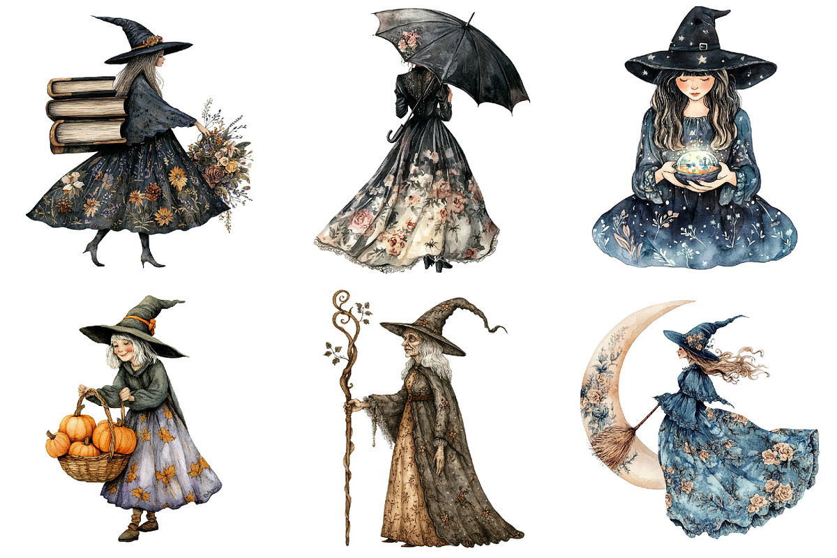 Watercolor Toile Witch Clipart, a Seasonal Illustration by CitraGraphics (Photo 2 of 4)