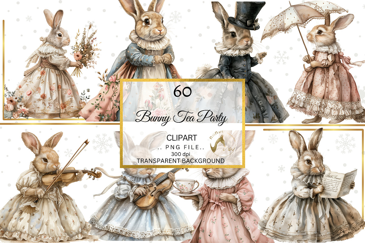 Watercolor Bunny Tea Party Clipart, an Illustration by NiiiNArt (Photo 4 of 10)