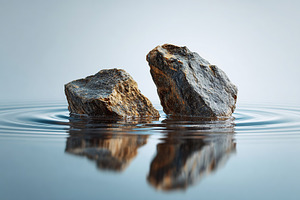 Rocks partially submerged in calm water creating ripples in a serene environmen, a Photo by AlyaAnd