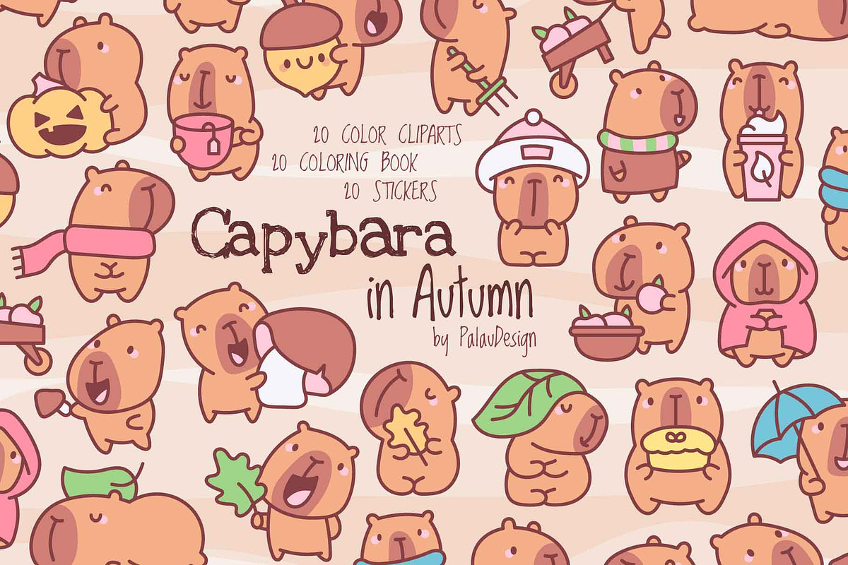 Cute Kawaii Capybaras in Autumn, an Animal Illustration by Palau (Photo 1 of 12)