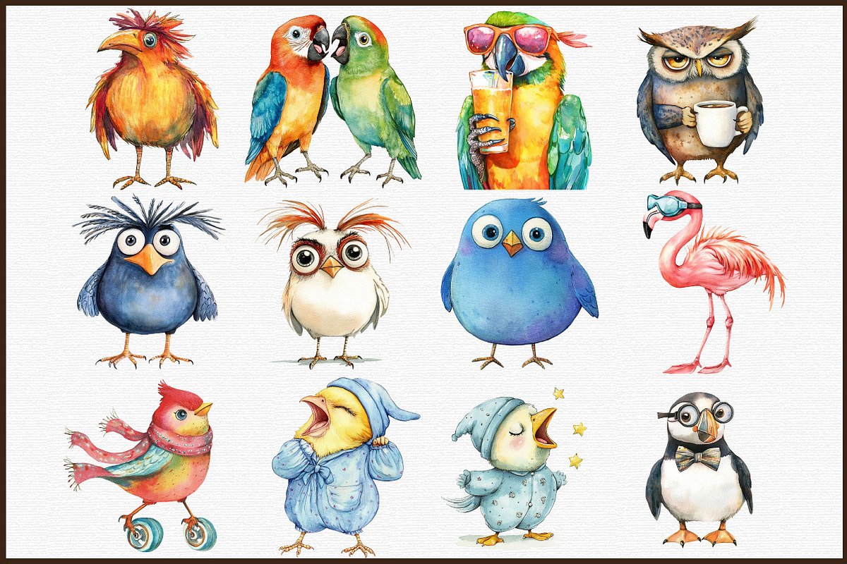 Funny Colorful Birds Watercolor Clip, an Illustration by Sublimation Artist (Photo 3 of 6)