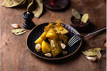 Bowl of pickled marinated cucumbers