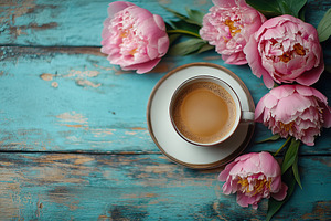 Cup of hot coffee and peony flowers on wooden background, a Food & Drink Photo by AlyaAnd