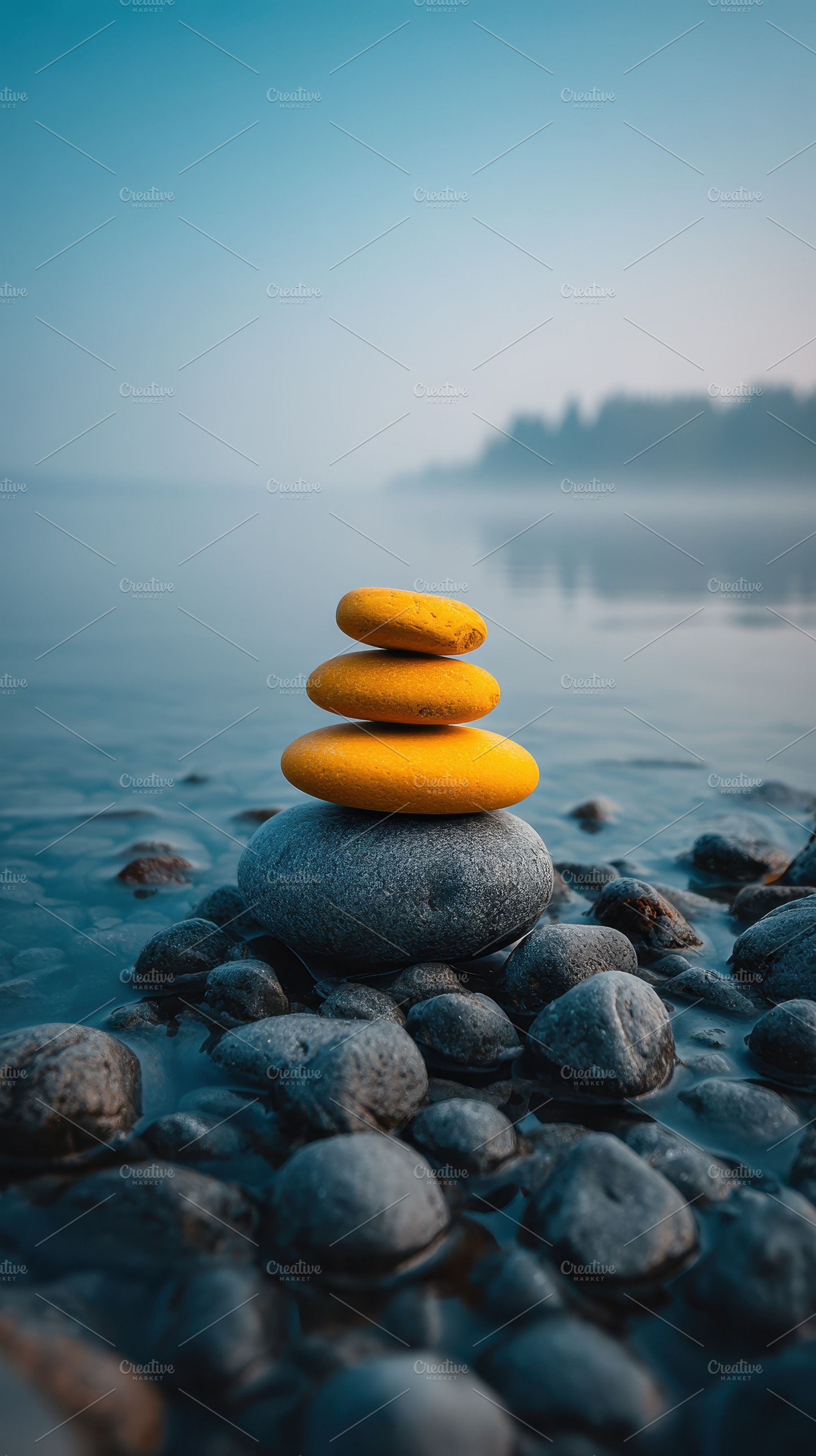 Yellow stones stacked on grey rocks, a Photo by Pixeness Studio