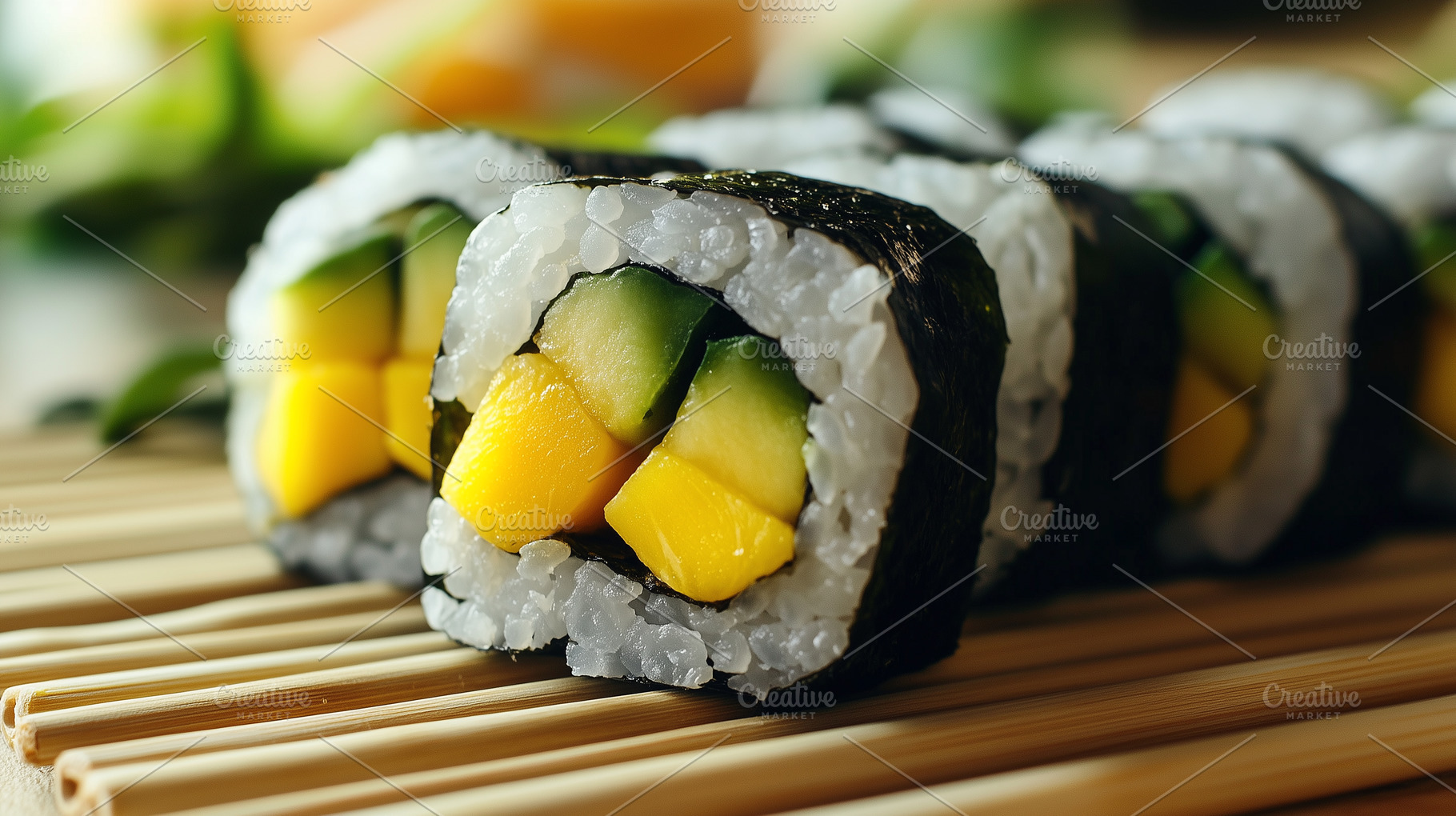 Close up on a sushi rolls with mango, a Food & Drink Photo by MistyDay