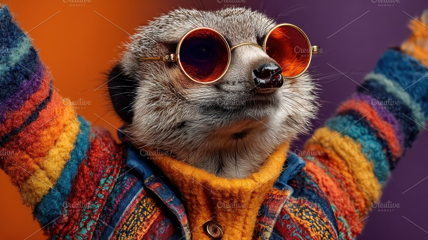 Stylish meerkat wearing colorful sweater and round sunglasses ce, an Animal Photo by José Manuel Gelpi