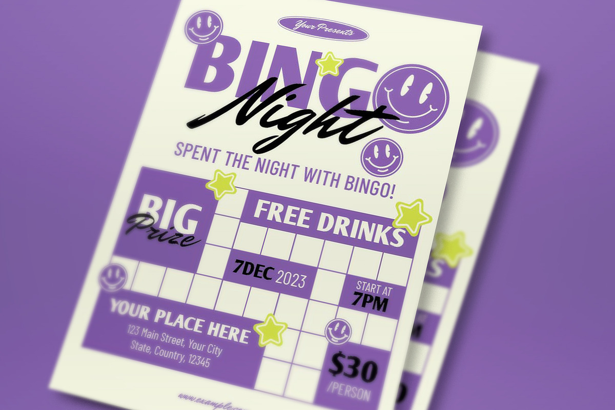 Purple Retro Bingo Night Flyer Set, a Flyer Template by graphicook (Photo 2 of 3)