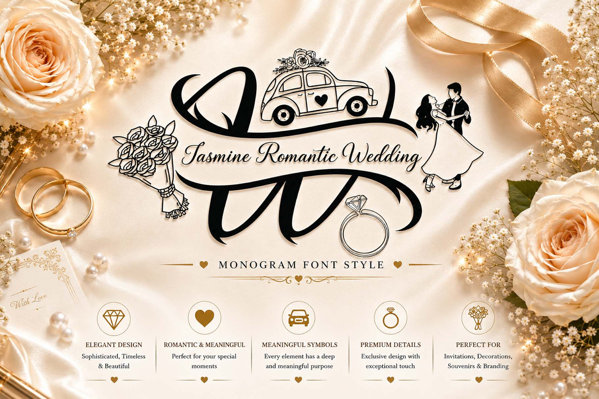 Jasmine Romantic Wedding Monogram, a Handwritten Font by Yoga Letter (Photo 1 of 8)
