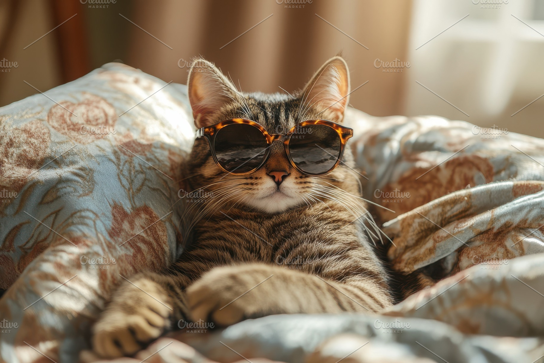 Cool Cat Relaxing in Bed Wearing Sun, an Animal Photo by Pixeness Studio