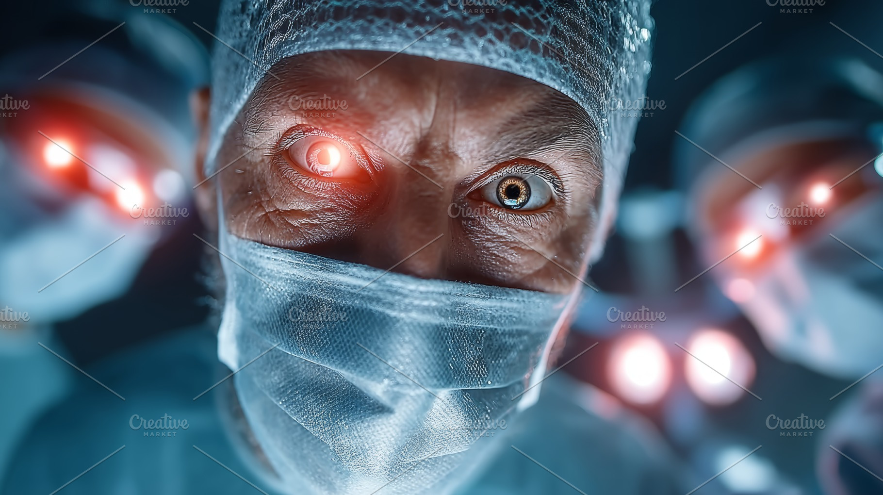 Close-up of surgeons with illuminated eyes in a futuristic hospital setting, a Health & Medical Photo by AS photostudio