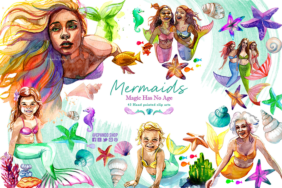 Watercolor Mermaid PNG | Patterns, an Object Graphic by CpandoShop (Photo 1 of 6)