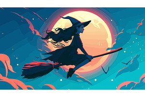 Flying witch. Cartoon halloween, an Illustration by Stock-Smart-Start