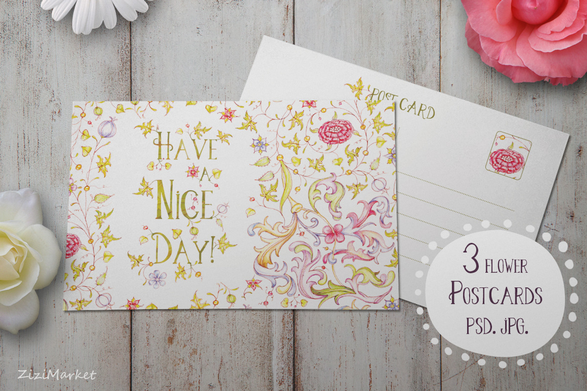 3 Flower Postcard, a Card Template by ZiziMarket (Photo 1 of 3)