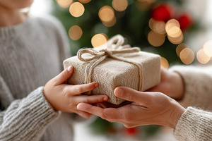 Child receives a rustic-wrapped gift, a Holiday Photo by MistyDay