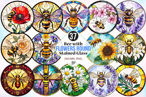 Bee with Flowers Round Stained Glass, an Illustration by Canvas Craft