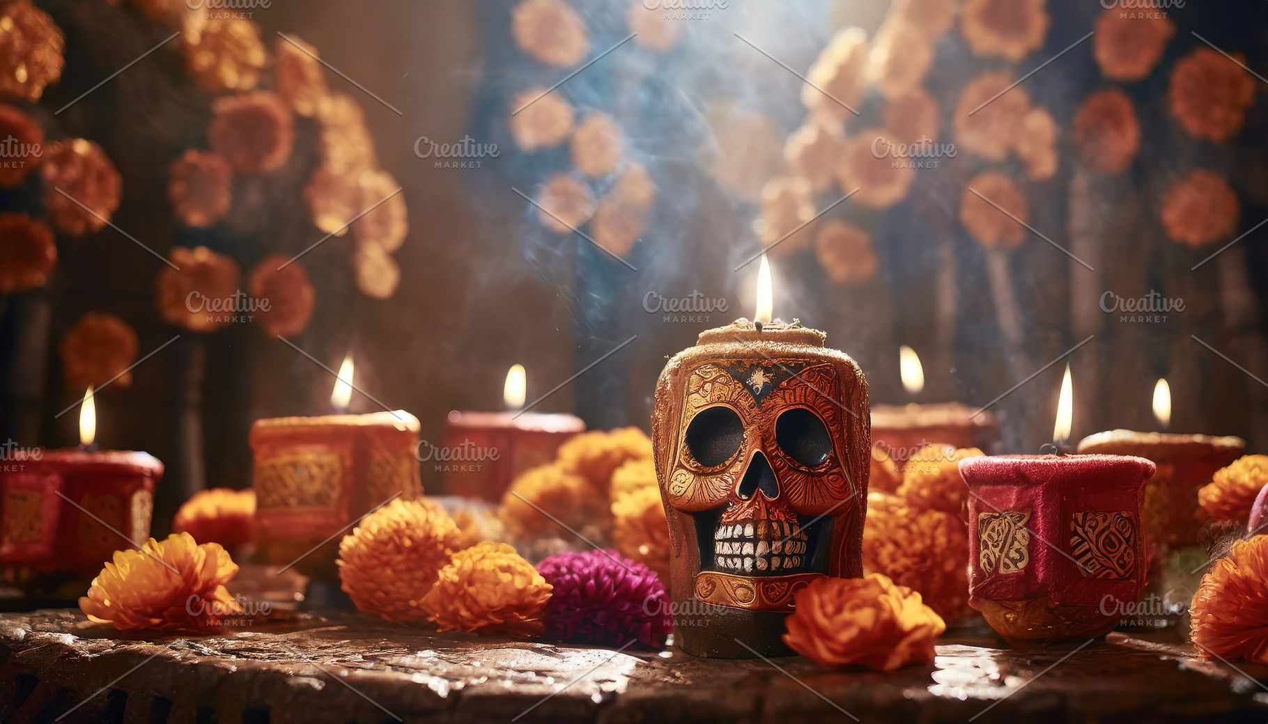 Skull candle and marigolds for Day of the Dead, a Holiday Photo by Igor Tichonow