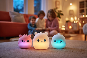 Colorful light-up toys bring joy to children in a cozy living room during a fun, a Photo by AlyaAnd
