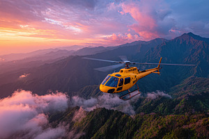 Yellow helicopter soaring above maje, a Photo by Pixeness Studio