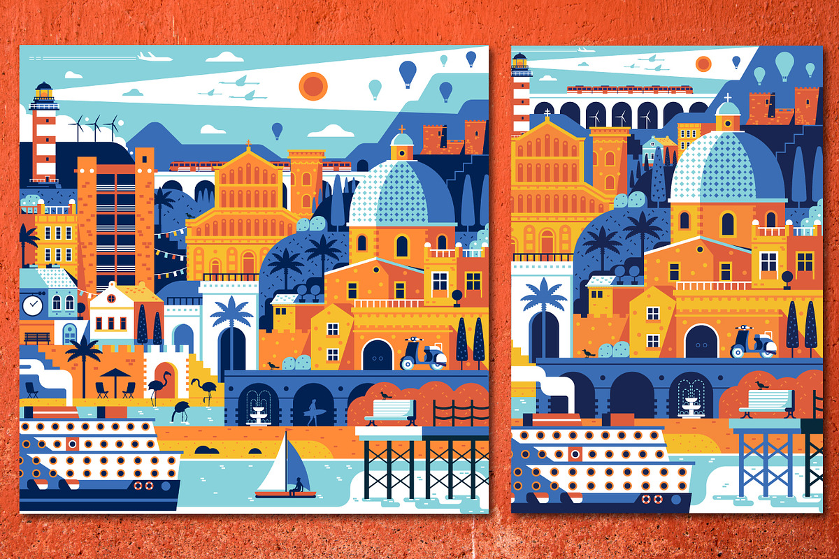 Mediterranean Sea Town Travel Poster, an Illustration by Alex Krugli (Photo 1 of 7)