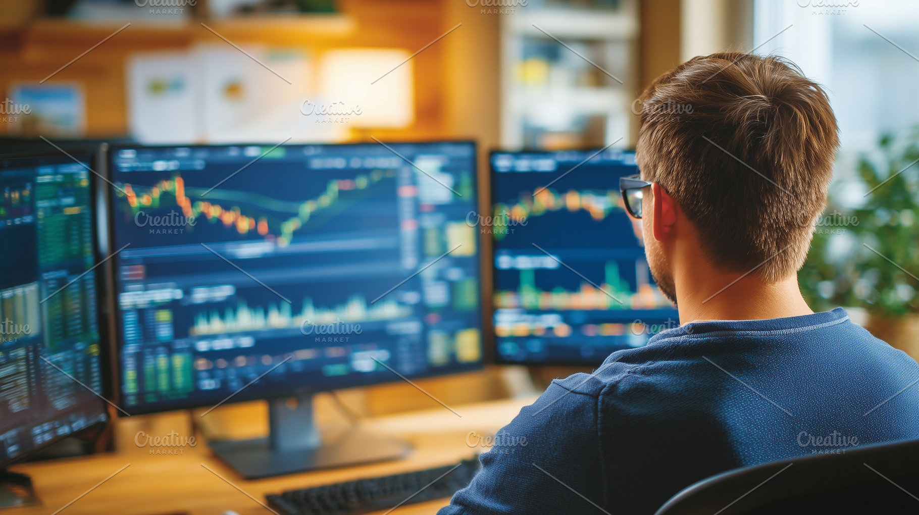 Man with glasses analyzes stock, a Business Photo by MistyDay