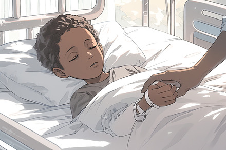 Comforting hand of a caregiver with a hospitalized child, an Illustration by AS photostudio