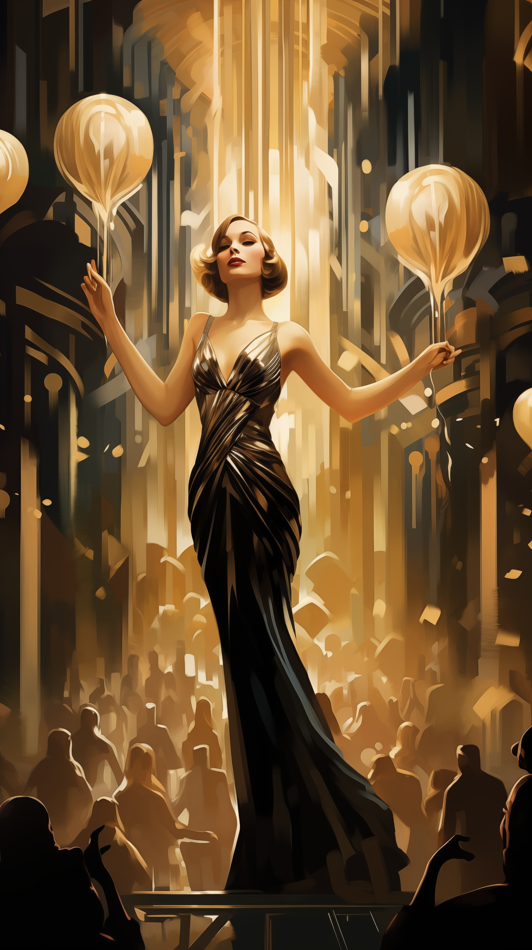 A art deco glamorous woman in a black evening gown stands confidently ...
