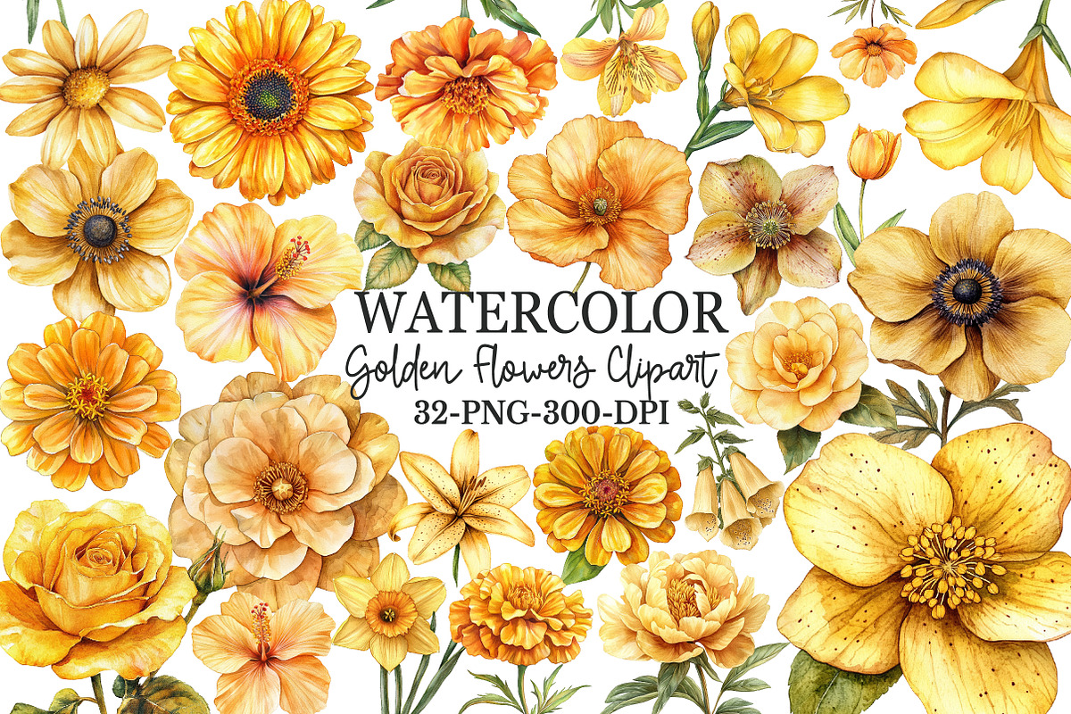 Watercolor Golden Flowers Clipart, an Illustration by Rose Art (Photo 1 of 7)