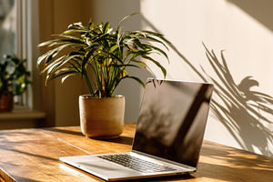 Laptop on Wooden Table with Houseplant in Warm Sunlight Home Off, a Beauty & Fashion Photo by José Manuel Gelpi