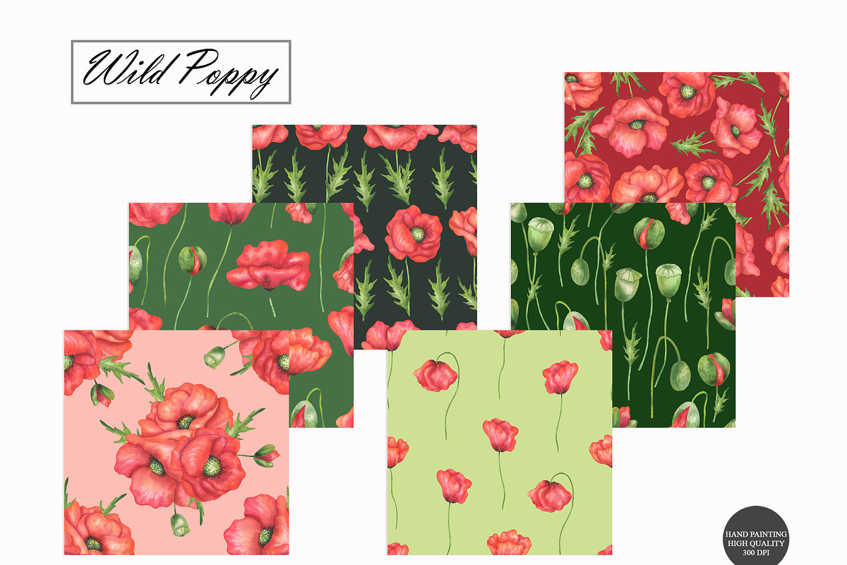 Watercolor Poppy Seamless Patterns, an Illustration by OlDm_Shop (Photo 2 of 10)