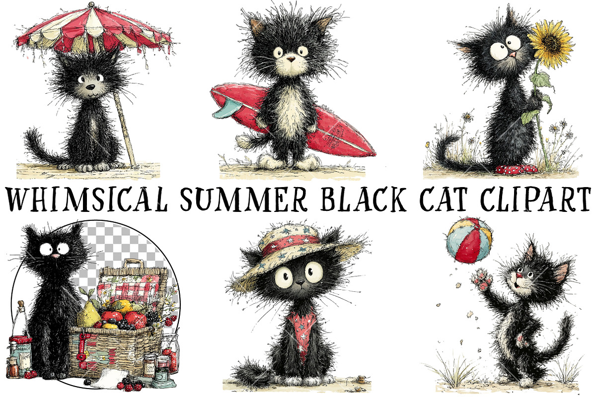 Whimsical Summer Black Cat Clipart, an Illustration by OK Design (Photo 2 of 6)