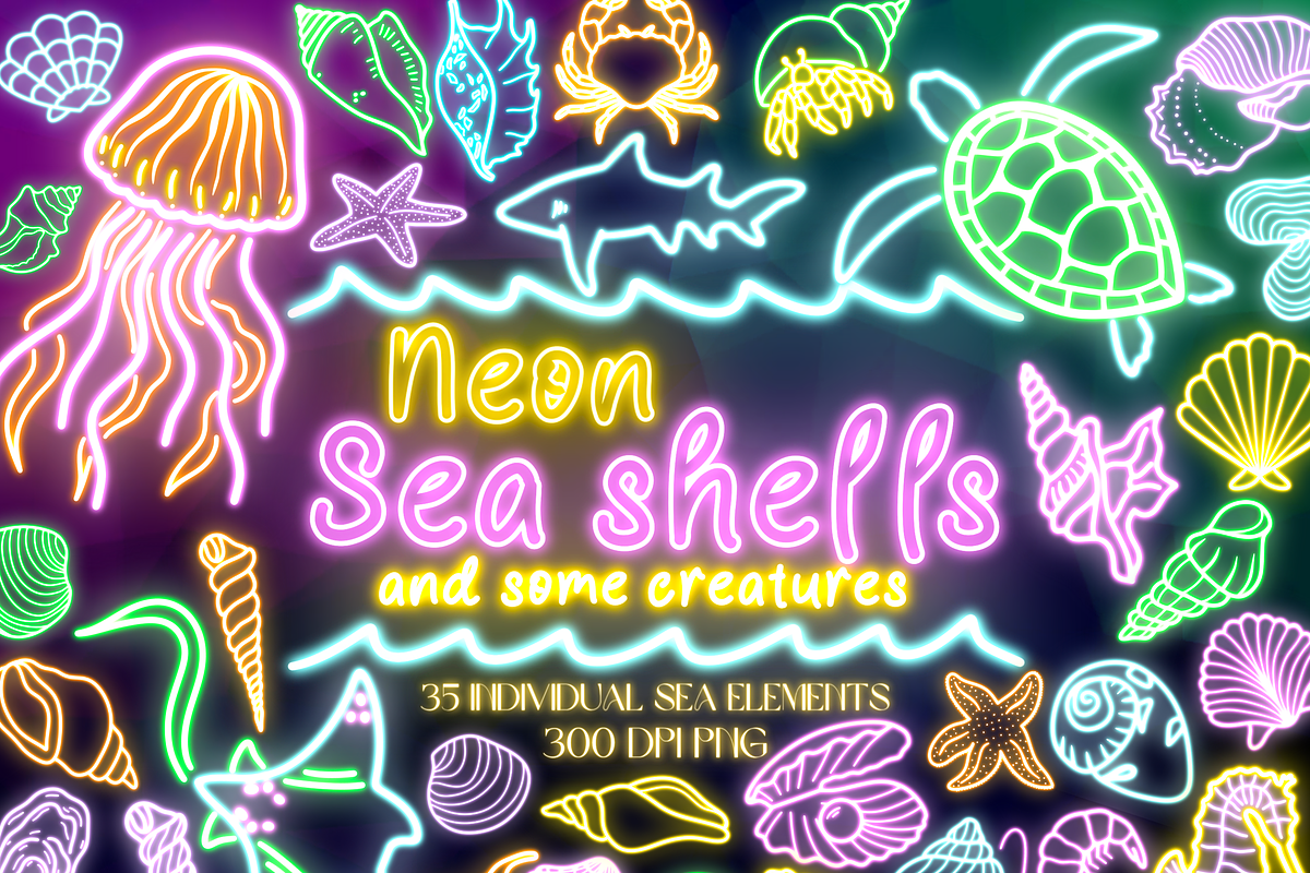 Neon Ocean Doodle Clipart PNG, a Decorative Illustration by Lenninator Digital (Photo 1 of 7)