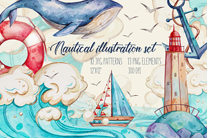 Watercolor nautical illustration set