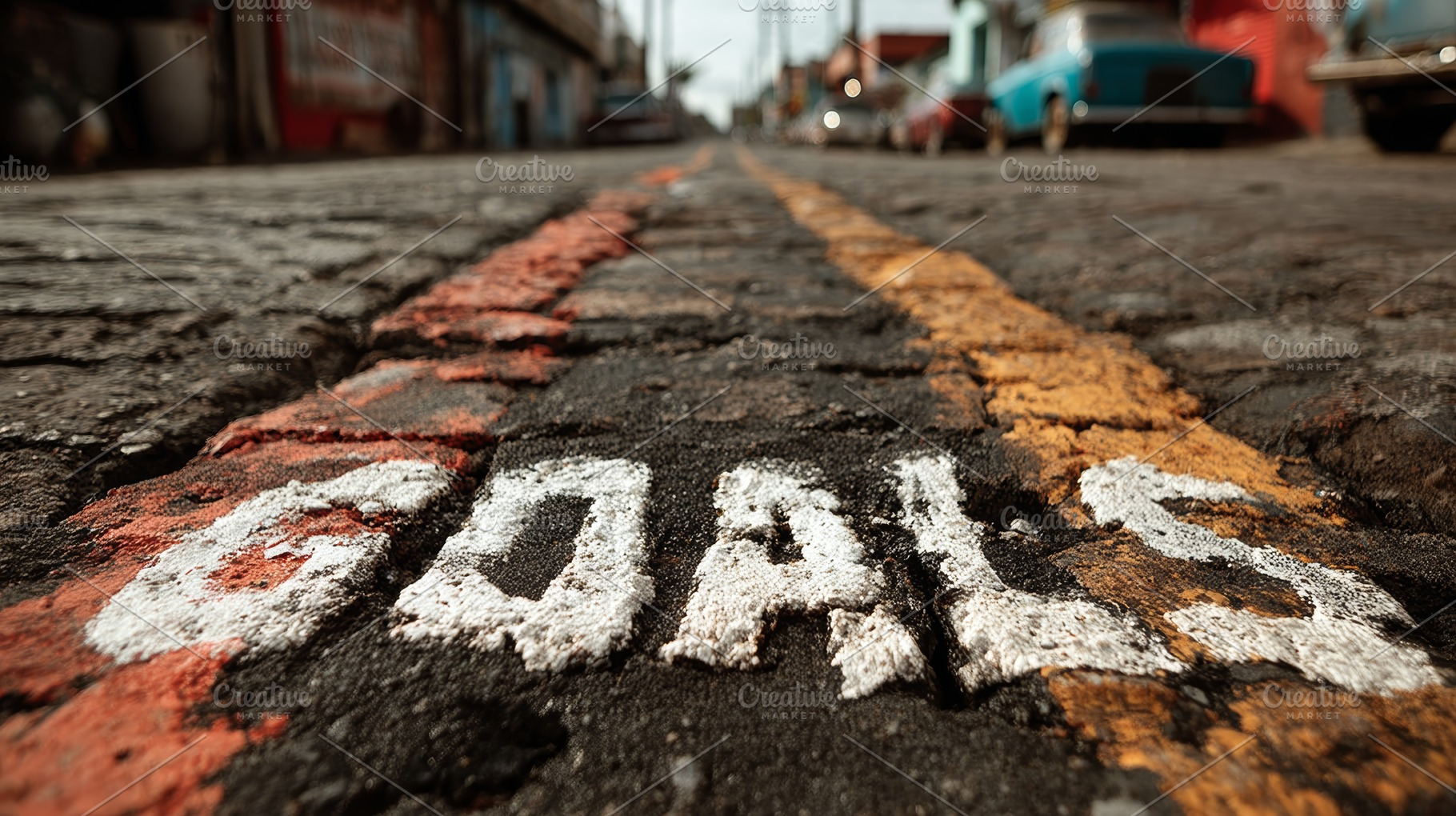 Close-up of painted goals on cobblestone street with yellow center line and blu, a Photo by AS photostudio