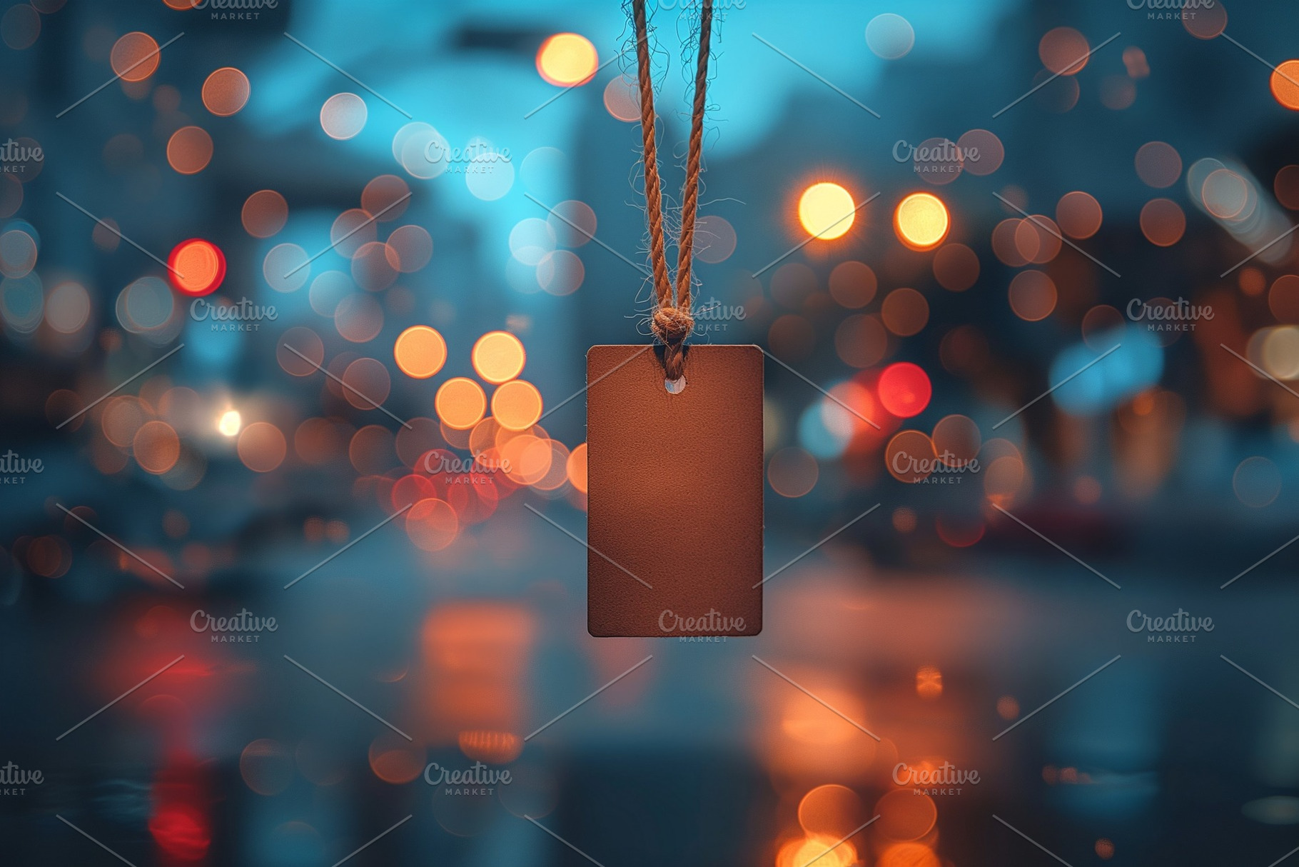 A blank price tag hanging against a dreamy bokeh background of city lights, inv, a Business Photo by ImageMir