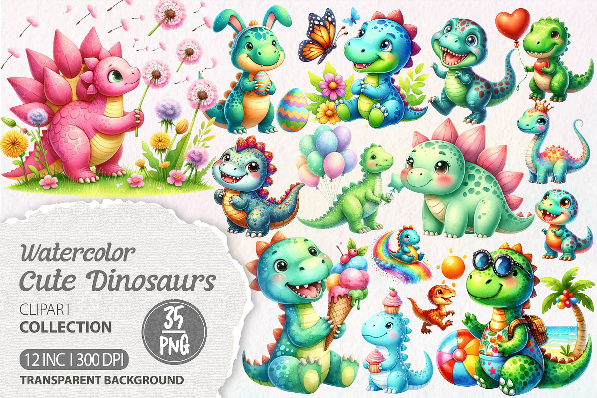 Cute Dinosaurs Sublimation Clipart, an Illustration by Dream Creation (Photo 1 of 7)