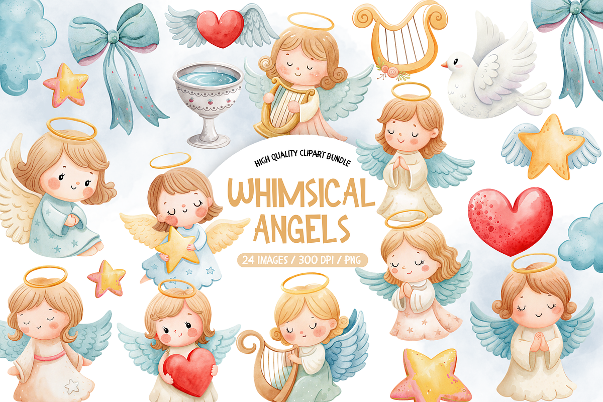 Watercolor Whimsical Angels Clipart, an Illustration by TatiMockup (Photo 1 of 4)