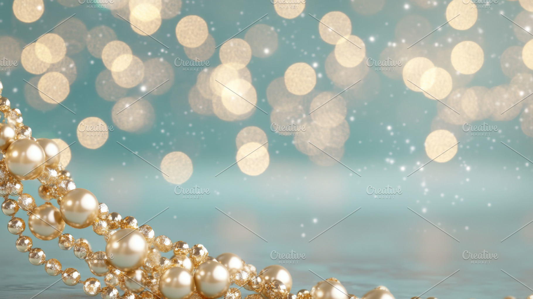 Golden and pearl beads with sparkling bokeh lights on blue festi, a Photo by Dvoevnore photos