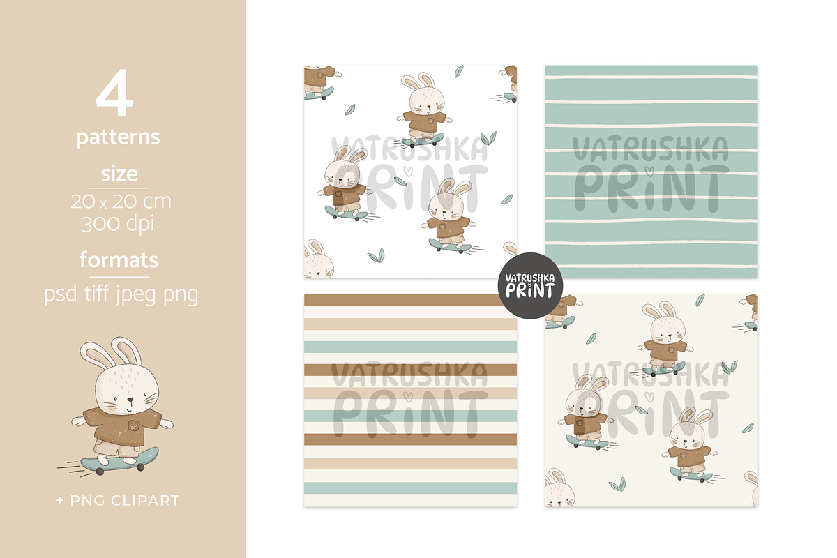 Rabbit skater seamless patterns, a Pattern Graphic by vatrushkaprint_store (Photo 2 of 4)