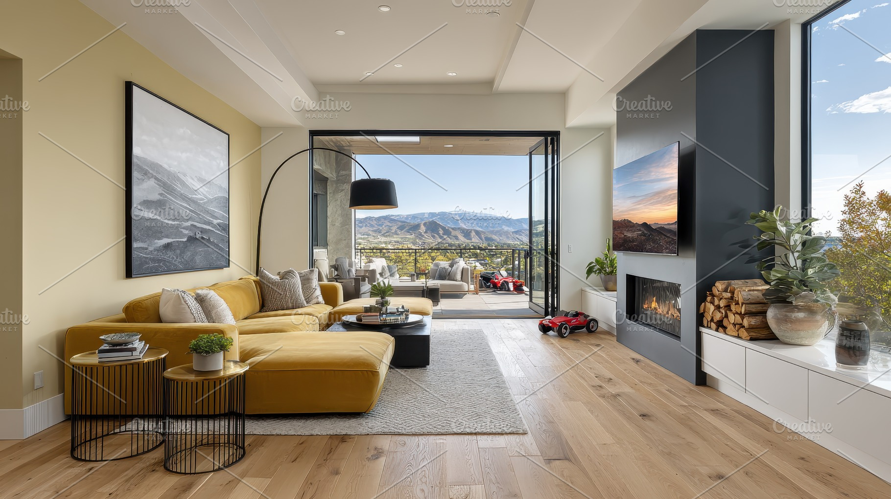 Modern living room with mountain vie, a Photo by Pixeness Studio