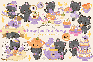 Haunted Tea Party Black Cat Clipart, a Seasonal Illustration by Blumensdiary