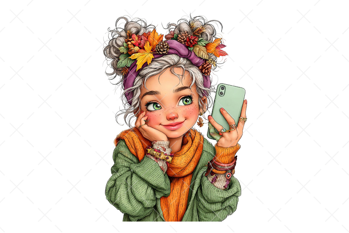 Cozy Autumn Selfie Girls Clipart, a Seasonal Illustration by Craft Nest (Photo 10 of 12)